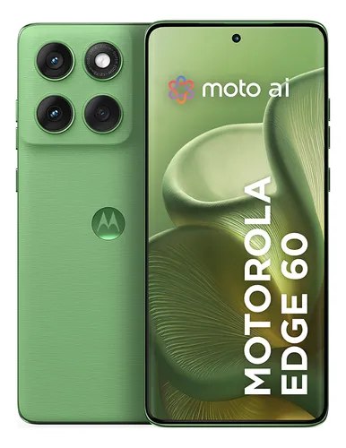 Smartphone Motorola Edge 60 5G na cor verde, exibindo a parte traseira com conjunto de quatro câmeras e a tela frontal com a marca moto ai e o nome do modelo.