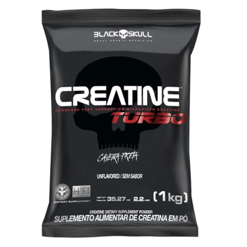 Embalagem refil preta de 1kg do suplemento Creatine Turbo da BlackSkull com estampa de caveira