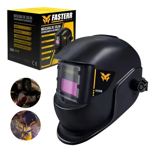 Máscara de solda automática Fasterr FST038 preta com caixa e detalhes em amarelo, exibindo o visor de escurecimento e dois exemplos de uso em soldagem.