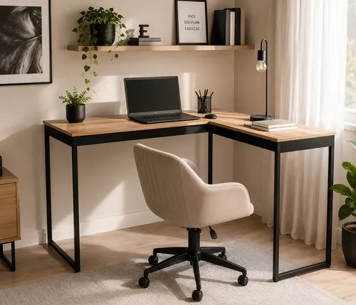 Mesa escrivaninha em formato L com estrutura de metal preta e tampo amadeirado, posicionada em um canto de sala com cadeira, notebook e prateleira decorativa acima.