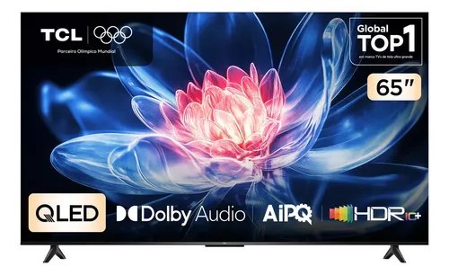 Smart TV TCL 65 polegadas QLED 4K UHD modelo 65T6C exibindo uma imagem de flor colorida na tela