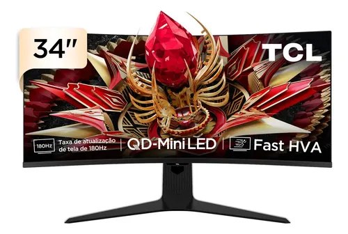 Monitor Gamer Curvo TCL 34 Polegadas QLED Mini LED WQHD R83Q 180Hz 1ms (GtG) HDR 1400 nits 34R83Q