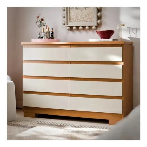 Cômoda 8 gavetas para quarto grande com pés - Cor Nature Off