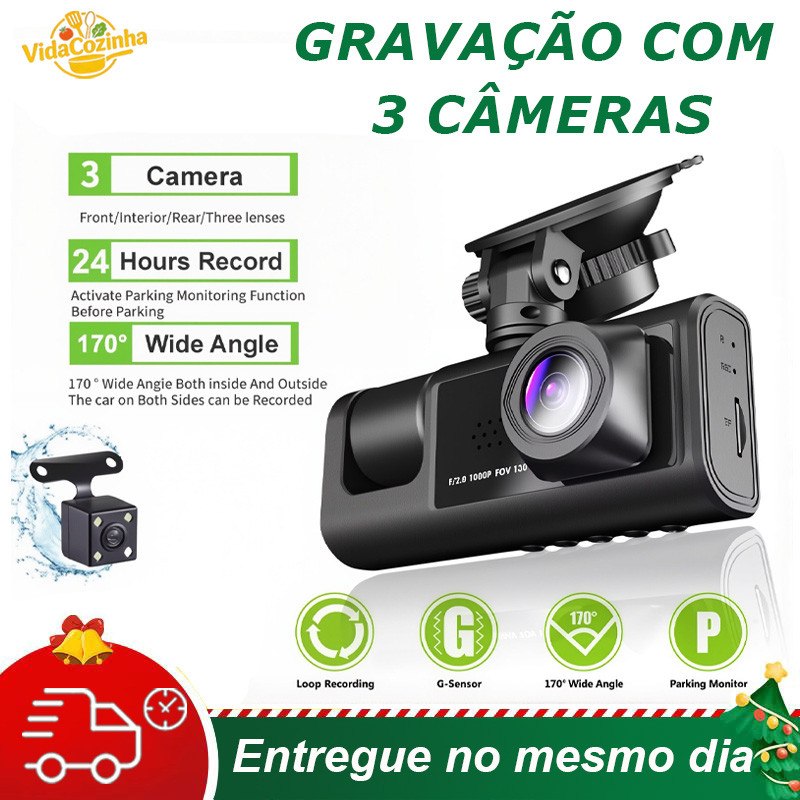 Dashcam Automotiva 3 Câmeras Visão Noturna