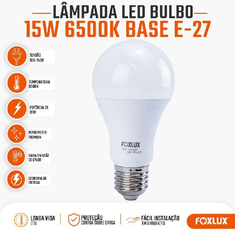 5x Lâmpada LED 15W Foxlux 6500K Branco Frio Bivolt E27