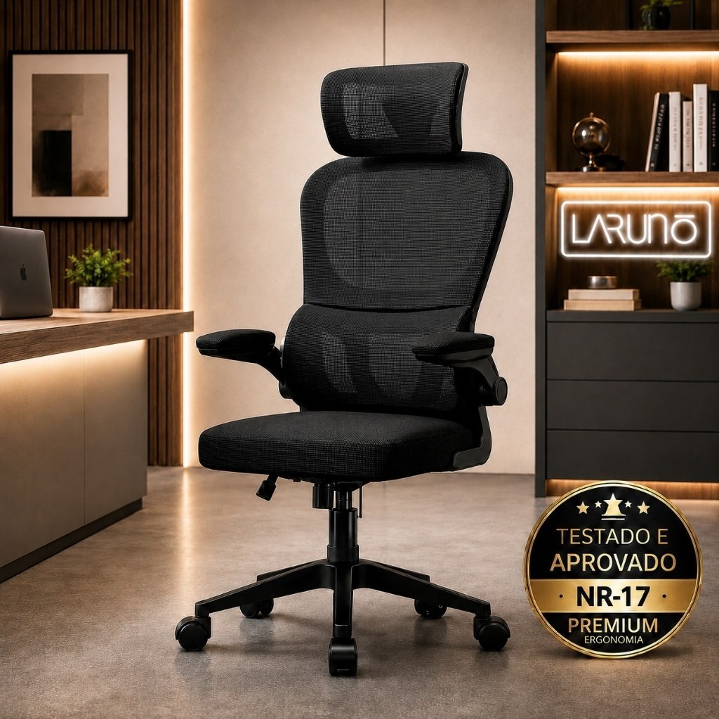 Cadeira de Escritório Ergonômica cinza Giratória com Apoio Lombar e Braços Ajustáveis Laruno
