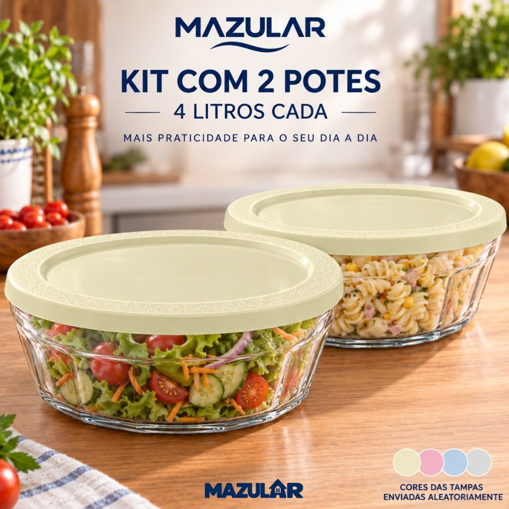 Kit 2 Pote Tigela de Vidro Saladeira 4 Litros com Tampa Plástica