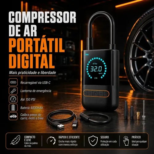 Compressor Mini Calibrador de Ar Portátil Recarregável