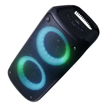 Caixa de som amplificada preta de 40cm com dois alto-falantes iluminados por luzes LED em tons de azul e verde, exibindo alça superior para transporte.