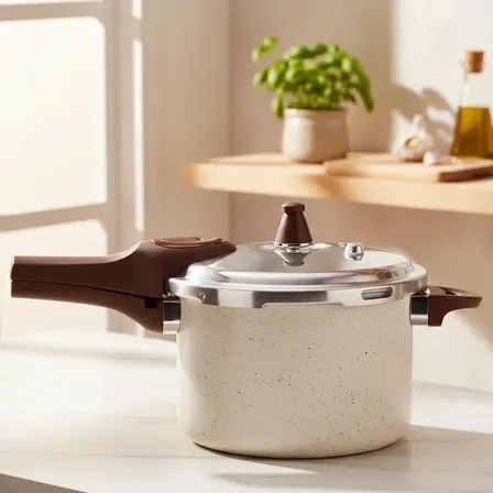Panela de pressão Brinox Pressure de 4,2 litros na cor baunilha com cabo marrom, vista de perfil sobre uma bancada de cozinha.