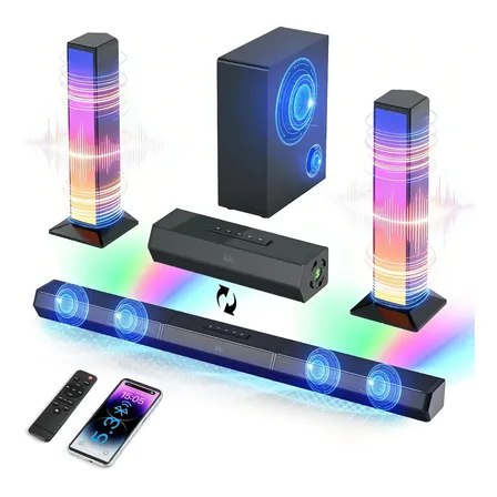 Soundbar Gaonas 2.1 de 340W com subwoofer sem fio, duas torres de som com iluminação LED colorida, controle remoto e smartphone exibindo conexão Bluetooth 5.3.