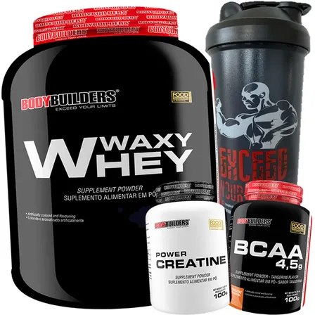 Kit de suplementos Bodybuilders contendo um pote de Waxy Whey de 2kg, um pote de Power Creatine, um pote de BCAA sabor tangerina e uma coqueteleira preta com logo da marca.