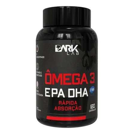 Pote preto de suplemento Ômega 3 EPA DHA da marca Dark Lab com 120 cápsulas