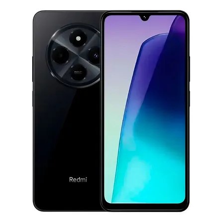 Smartphone Xiaomi Redmi 14c na cor preta exibindo a traseira com módulo de câmeras circular e a parte frontal com tela ligada