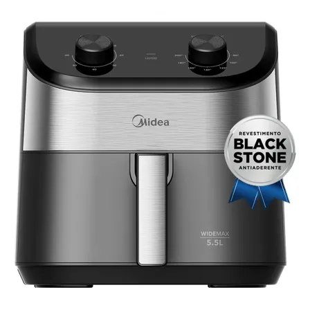 Air Fryer Midea Widemax 5,5L na cor grafite com botões de controle no topo e selo de revestimento Black Stone antiaderente