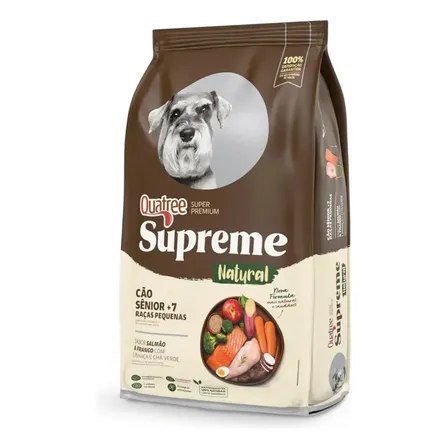 Embalagem de 10,1 kg da ração Quatree Supreme Senior +7 para cães de raças pequenas com imagem de um cão Schnauzer e ingredientes como salmão e vegetais