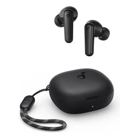 Fone de ouvido Soundcore by Anker P20i na cor preta, acompanhado de seu estojo de carregamento com alça de transporte.