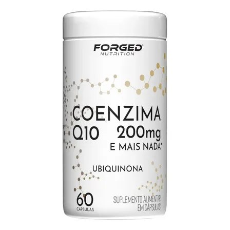 Frasco branco de suplemento Forged Nutrition Coenzima Q10 200mg com 60 cápsulas, exibindo rótulo com design de moléculas