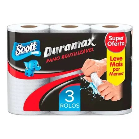 Embalagem plástica contendo 3 rolos de pano reutilizável Scott Duramax com o mascote elefante azul e indicação de 174 toalhas