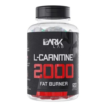 Frasco de suplemento Dark Lab L-Carnitine 2000 com 120 cápsulas, rótulo preto com letras brancas e vermelhas, tampa preta.