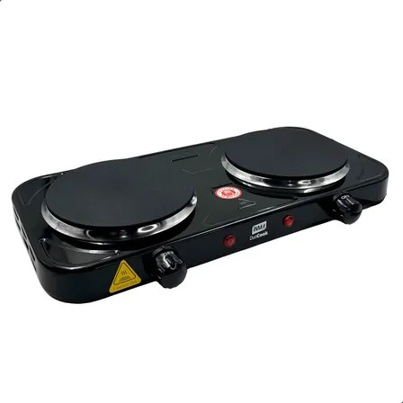 Cooktop elétrico portátil Inma de duas bocas na cor preta com detalhes em inox e botões de controle frontais