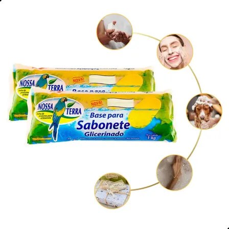 Duas barras de 1kg de base glicerinada branca Nossa Terra para sabonete, acompanhadas de ícones circulares mostrando o uso do produto em cuidados com a pele, banho de animais e sabonetes finalizados.