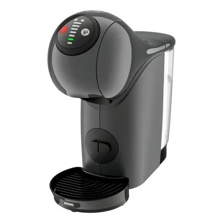 Cafeteira Arno Genio S Dolce Gusto na cor cinza escuro vista de perfil com painel de controle superior visível