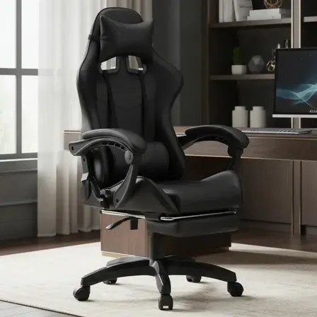Cadeira gamer Luvinco Nitro na cor preta com almofadas de apoio e encosto reclinável em um ambiente de escritório