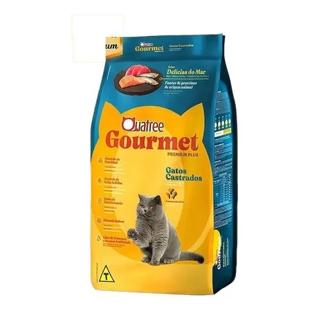 Embalagem de 10,1kg da ração Quatree Gourmet Premium Plus para gatos castrados com imagem de um gato cinza e peixes na parte superior