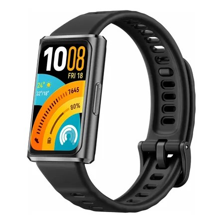Smartband HUAWEI Band 11 Pro na cor preta com tela AMOLED ligada exibindo informações de data, temperatura e métricas de saúde