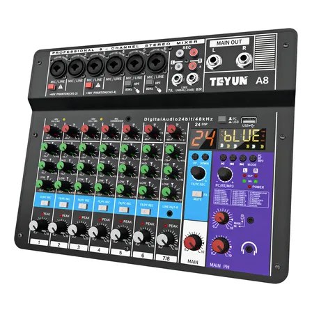 Mesa de som Teyun A8 de 8 canais na cor preta com botões de controle, entradas XLR/P10 e display digital