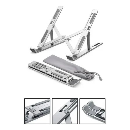 Suporte dobrável para notebook da marca Davely na cor prateada, exibido em posição de uso e dobrado ao lado de uma bolsa de transporte, com detalhes ampliados dos mecanismos de ajuste.