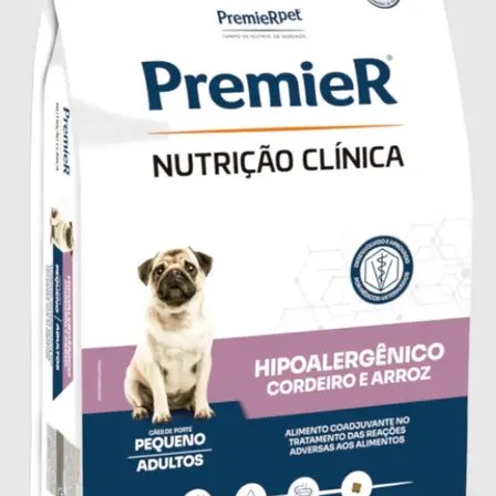 Embalagem de 10,1kg da ração Premier Nutrição Clínica Hipoalergênico para cães adultos de porte pequeno, com imagem de um pug na frente.