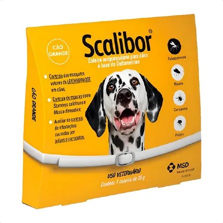 Embalagem amarela da coleira antiparasitária Scalibor para cães de grande porte com foto de um dálmata