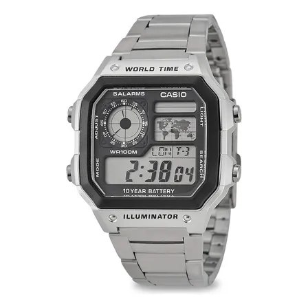 Relógio digital Casio AE-1200WHD-1 com pulseira de aço inoxidável, visor com mapa-múndi e fundo preto