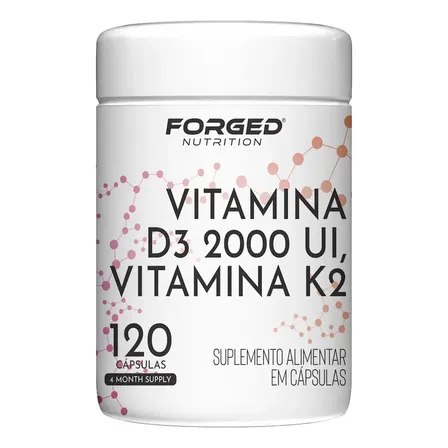 Frasco branco de suplemento Forged Nutrition Vitamina D3 2000 UI e K2 com 120 cápsulas e estampa de estrutura molecular