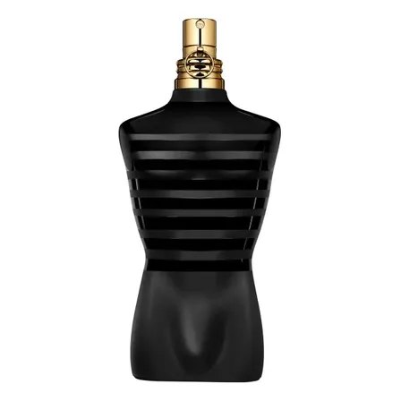 Frasco de perfume Jean Paul Gaultier Le Male Le Parfum Intense de 200ml com design de torso masculino em preto e detalhes dourados