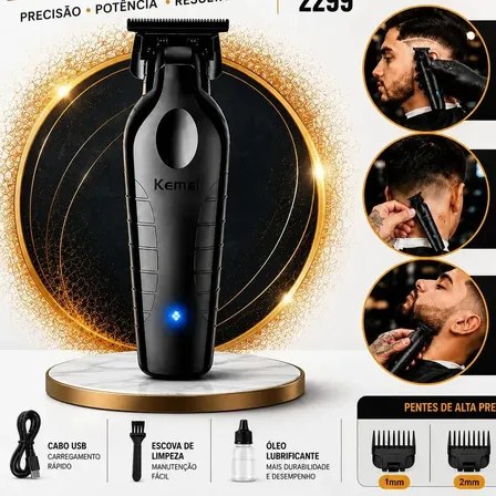 Aparador de pelos Kemei KM-2299 na cor preta sobre base circular, acompanhado de cabo USB, escova de limpeza, óleo lubrificante e dois pentes de corte, com imagens laterais demonstrando o uso no cabelo e barba.