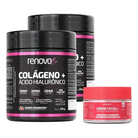 Kit Renova Be contendo dois potes de suplemento de colágeno com ácido hialurônico sabor cranberry e um pote de creme facial com retinol para uso noturno