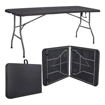 Mesa dobrável Luvinco de 1,80m na cor preta, exibida montada, dobrada em formato de maleta e com a estrutura inferior visível.