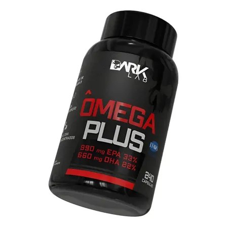Pote preto de suplemento Dark Lab Ômega Plus com 240 cápsulas, exibindo informações de EPA e DHA no rótulo.