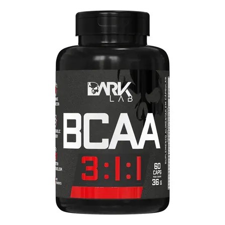 Frasco preto de suplemento Dark Lab BCAA 3:1:1 com 60 cápsulas e rótulo contendo informações do produto