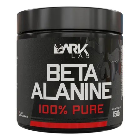 Pote preto de suplemento Dark Lab Beta Alanine 150g com rótulo contendo informações de pureza e marca