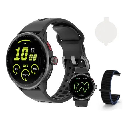 Smartwatch Sport com tela AMOLED, caixa preta, pulseira de silicone, pulseira extra de tecido e película de proteção