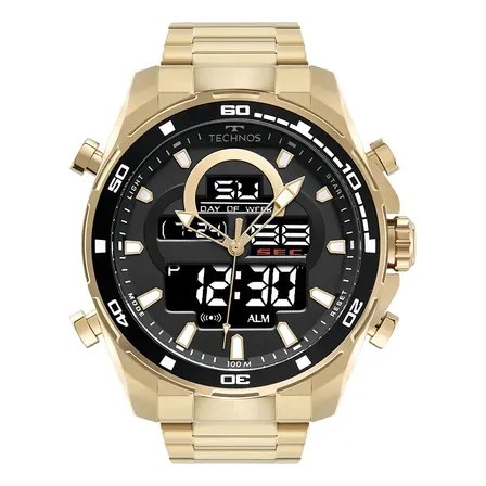 Relógio Technos BJK626AB/1D Dourado com face analógico-digital completa, mostrando hora, dia da semana e segundos, com detalh