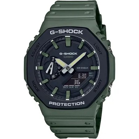 Relógio Casio G-Shock GA-2110SU-3ADR com pulseira verde-militar, bisel preto e mostrador analógico-digital