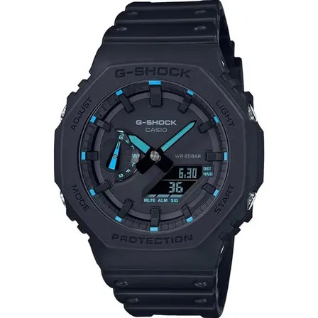 Relógio Casio G-Shock GA-2100-1A2DR na cor preta com ponteiros e marcadores em azul neon, exibindo mostrador analógico-digital e pulseira de resina.