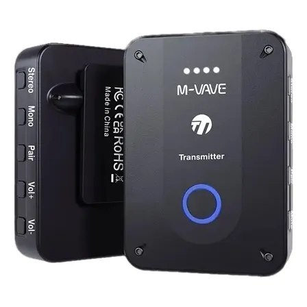 Transmissor de monitor de palco sem fio M-Vave WP-9 na cor preta, exibindo botões laterais de volume, pareamento e seleção de modo mono/estéreo.