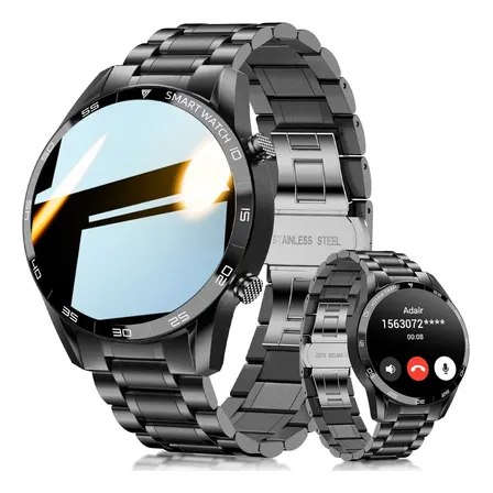 Smartwatch Foxbox Sport com tela circular de 1,39 polegadas e pulseira de aço inoxidável na cor preta, exibindo uma interface de chamada telefônica no detalhe.