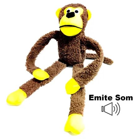 Brinquedo de pelúcia em formato de macaco na cor cinza-escuro com mãos e pés amarelos, medindo 46cm e com ícone indicando que emite som.